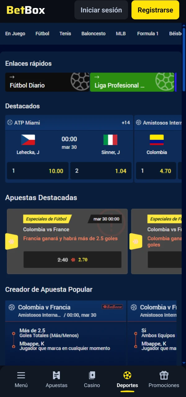 Dirígete a la sección de deportes de la aplicación Betbox.