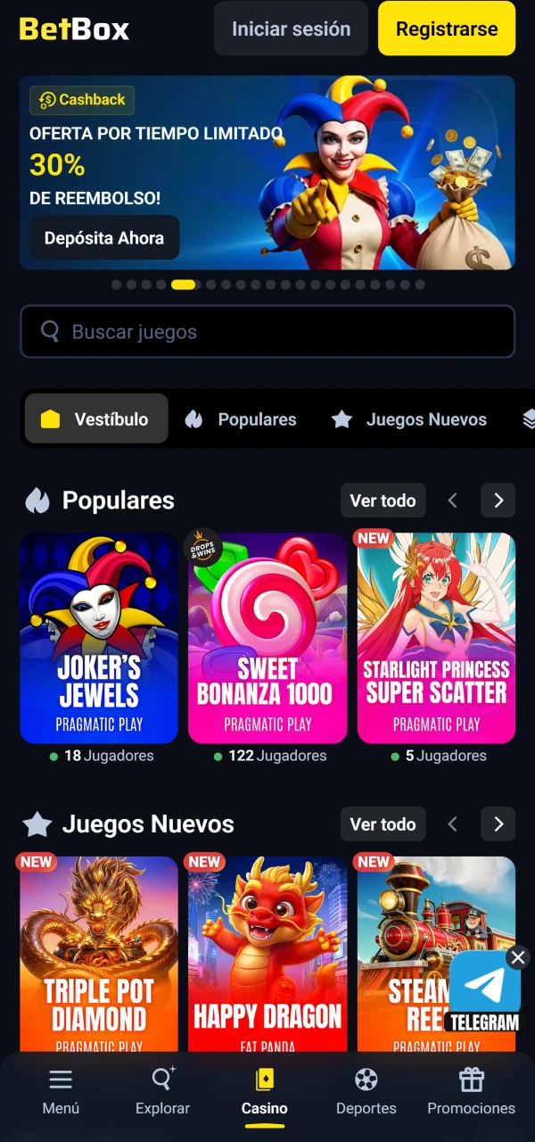 Encontrarás todo lo que necesitas en la página principal de la aplicación Betbox.