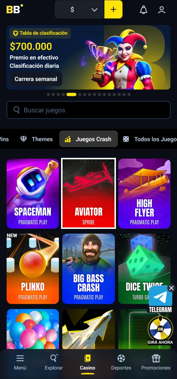 Encuentra el juego Aviator en la sección de casino de Betbox.