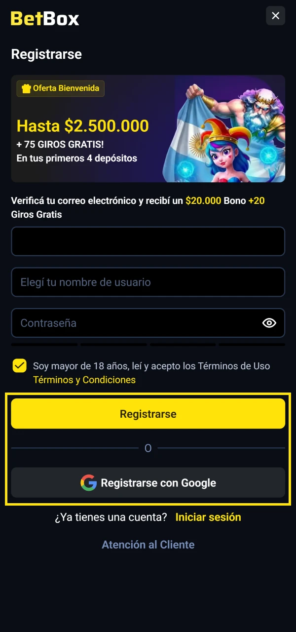 Regístrate en Betbox para recargar tu depósito.