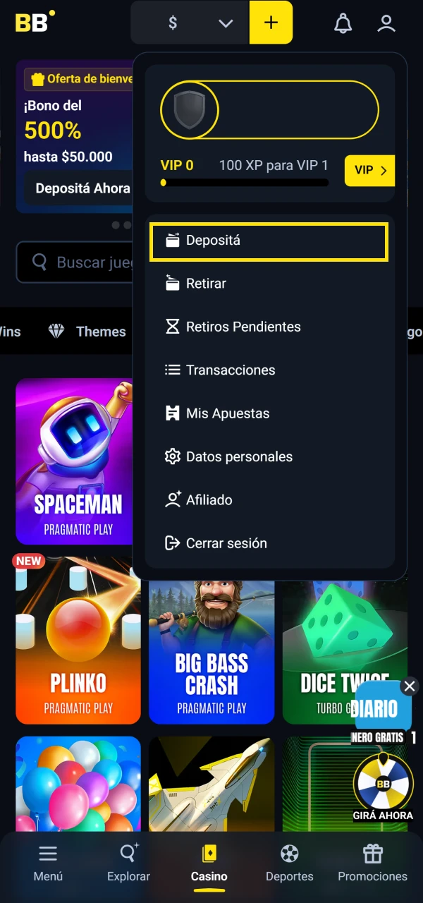 Dirígete a la sección de depósitos en Betbox.
