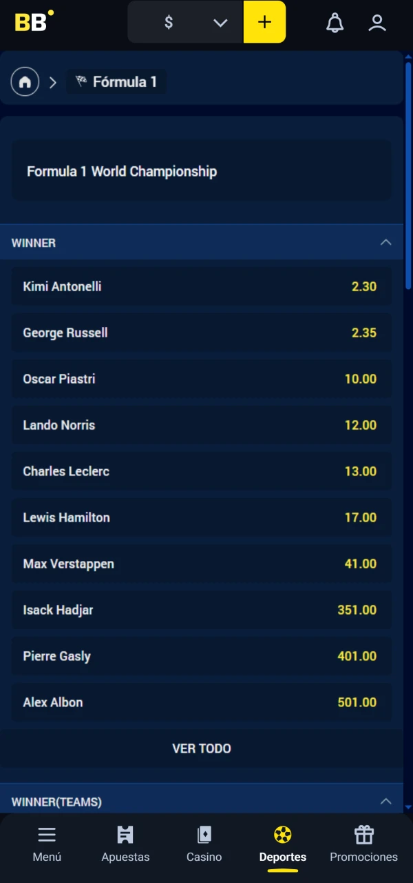 Selecciona Gran Premio para apostar en F1 en Betbox.