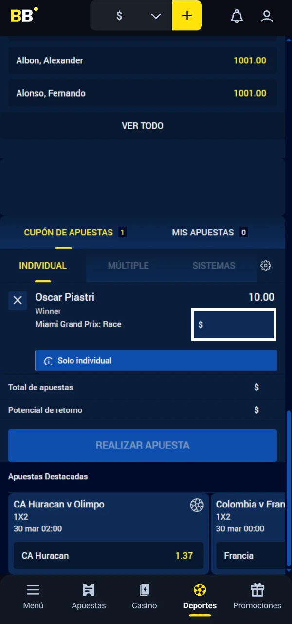 Introduce el importe de tu apuesta para la F1 en Betbox.