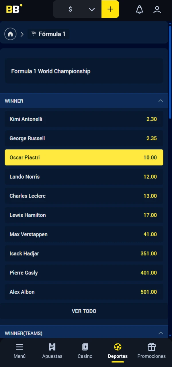 Elige las mejores cuotas para tu apuesta de F1 en Betbox.