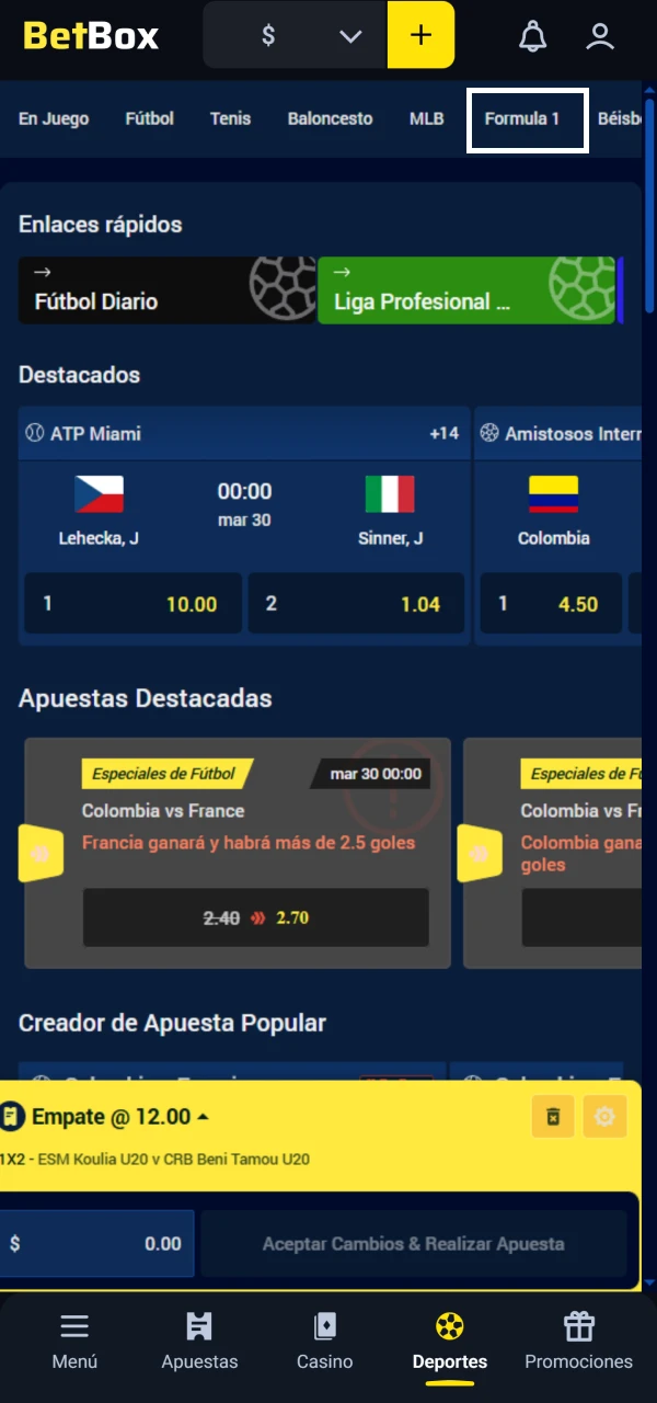 Dirígete a la sección de F1 para realizar una apuesta en Betbox.