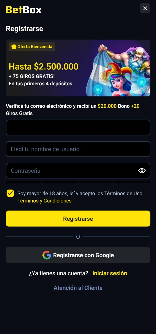 Regístrate para recibir un bono en Betbox.