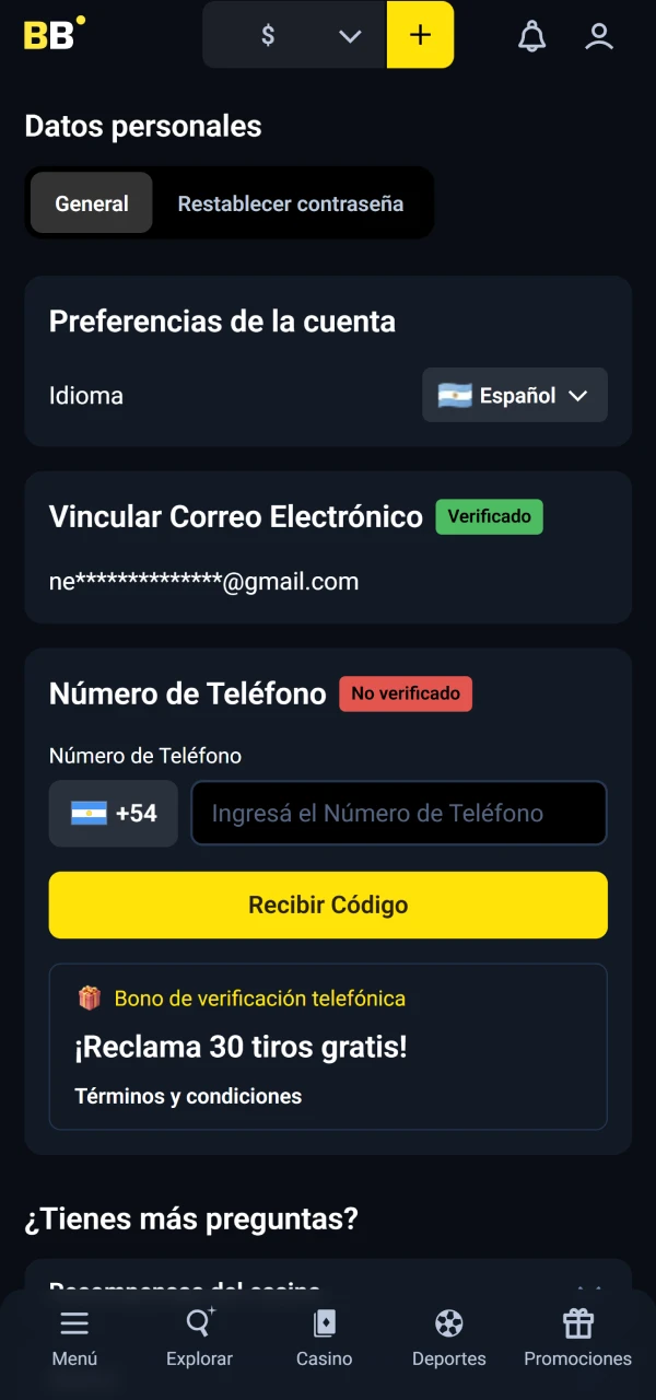 Completa la verificación en Betbox para recibir el bono.