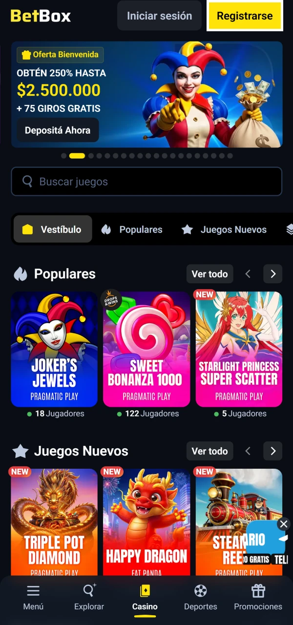 Haz clic en el botón de registro en la página principal de Betbox.