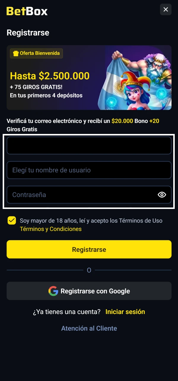 Introduce tus datos personales en la ventana de registro de Betbox.