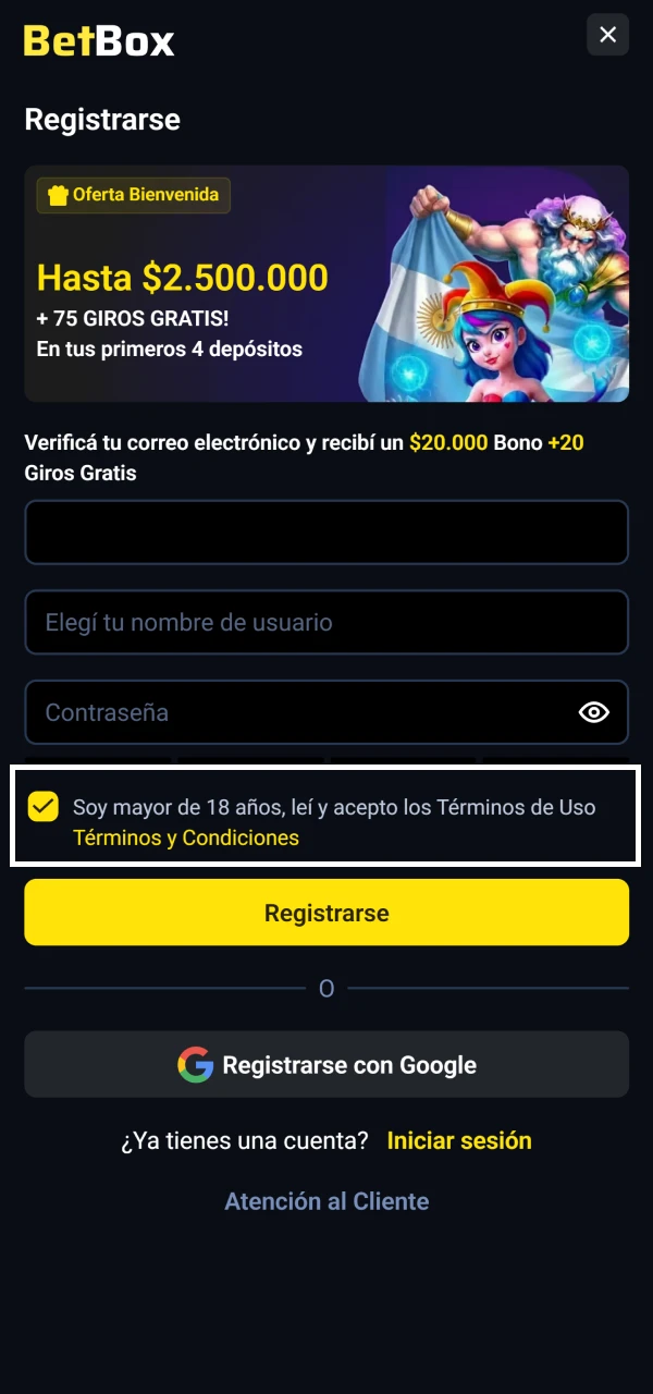 Revisa y confirma los términos de registro de Betbox.