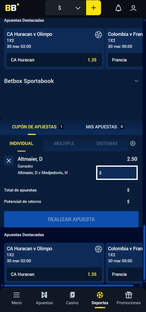 Introduce el importe de tu apuesta de tenis en Betbox.