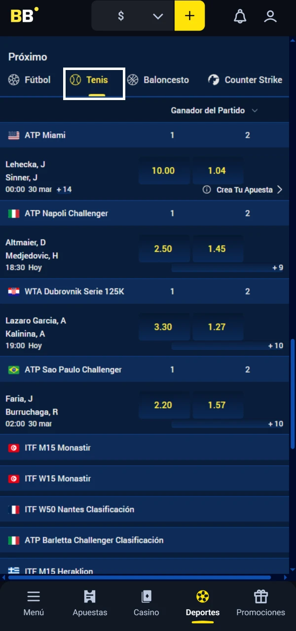 Encuentra eventos de tenis en la sección de deportes de Betbox.