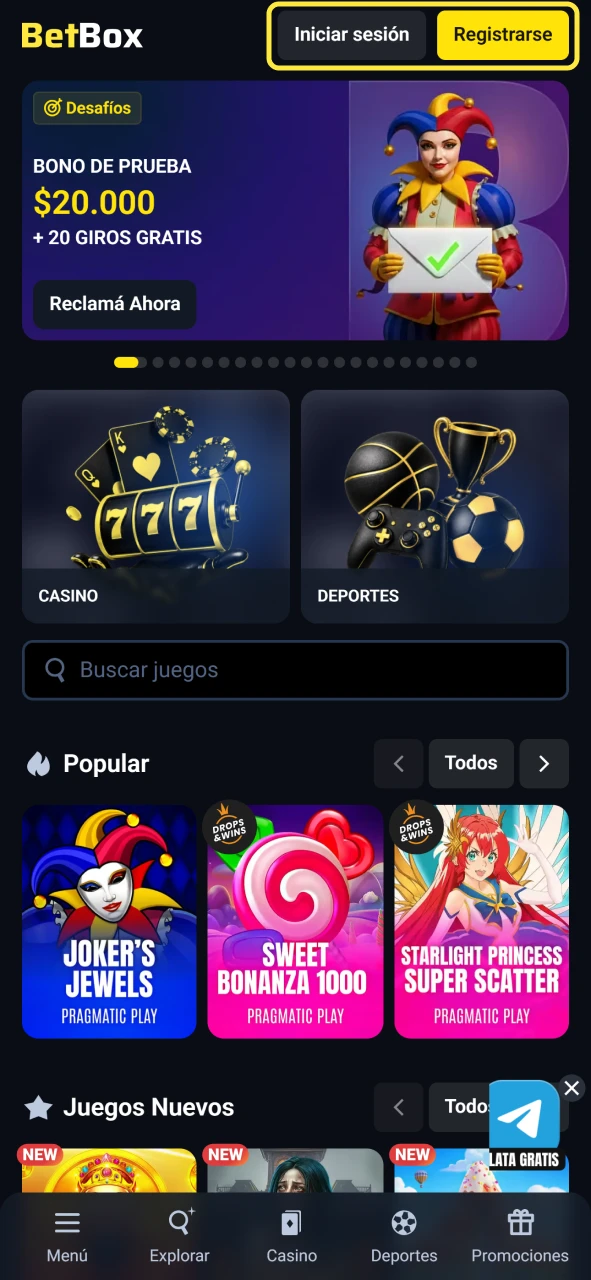 Inicia sesión o regístrate en la aplicación de Betbox para Android después de instalarla.