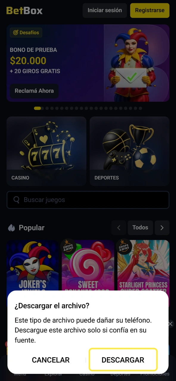 Confirma la descarga de la aplicación de Betbox para Android.