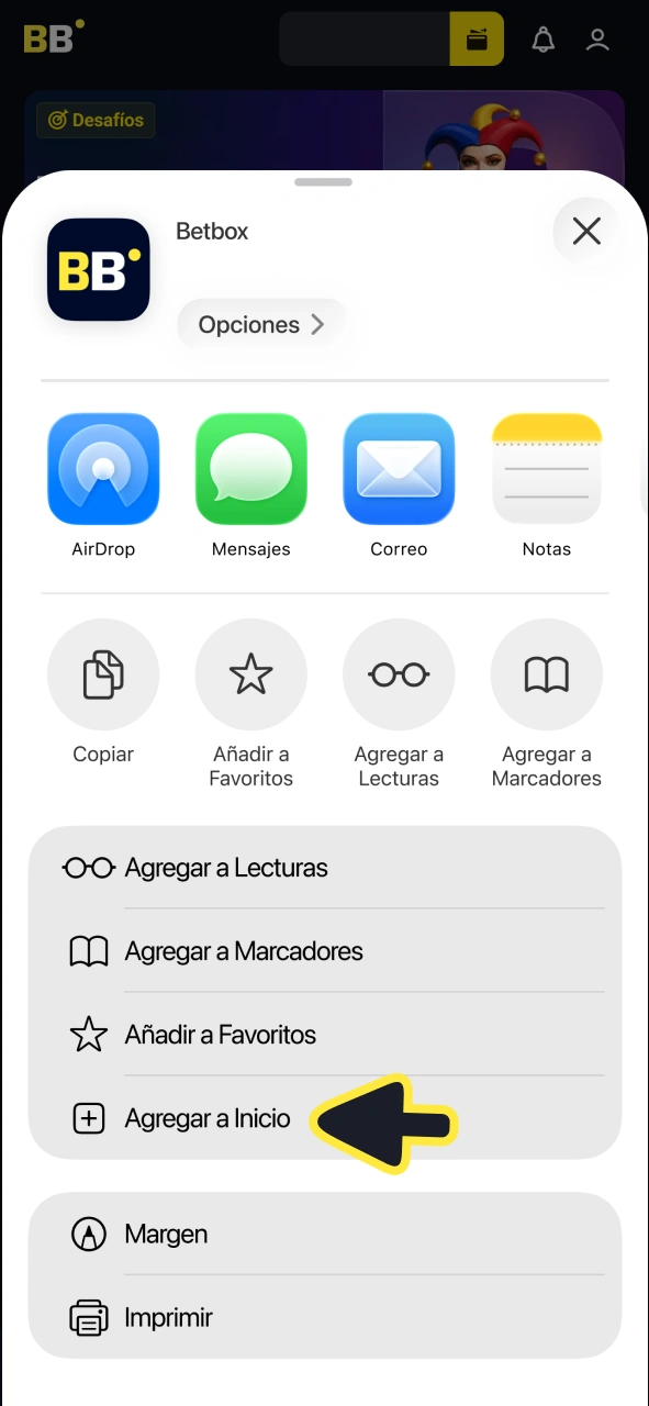 Agrega Betbox a la pantalla de inicio de tu dispositivo iOS como una aplicación PWA.